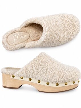 J.Crew Cream Sherpa Studded Wooden Clog Mules Size 6.5